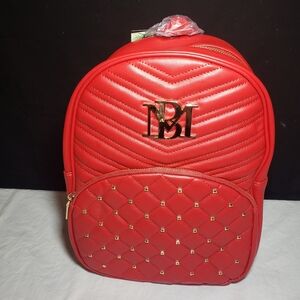 Red Badgley Mischka quilted gold in color studded backpack